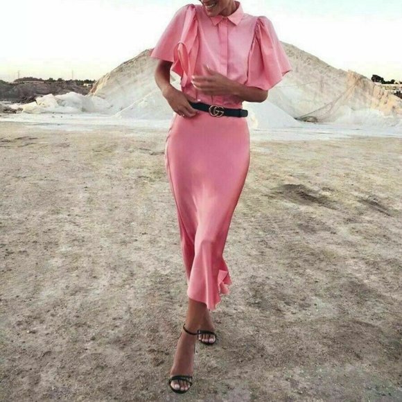 NWT ZARA BLOGGERS FAV. Pink Silky Satin Midi Skirt